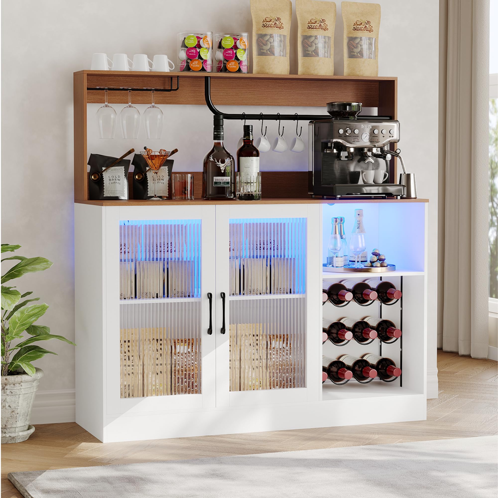 Home Bar Shelves - خزانة بار للنبيذ مزودة بإضاءة LED،