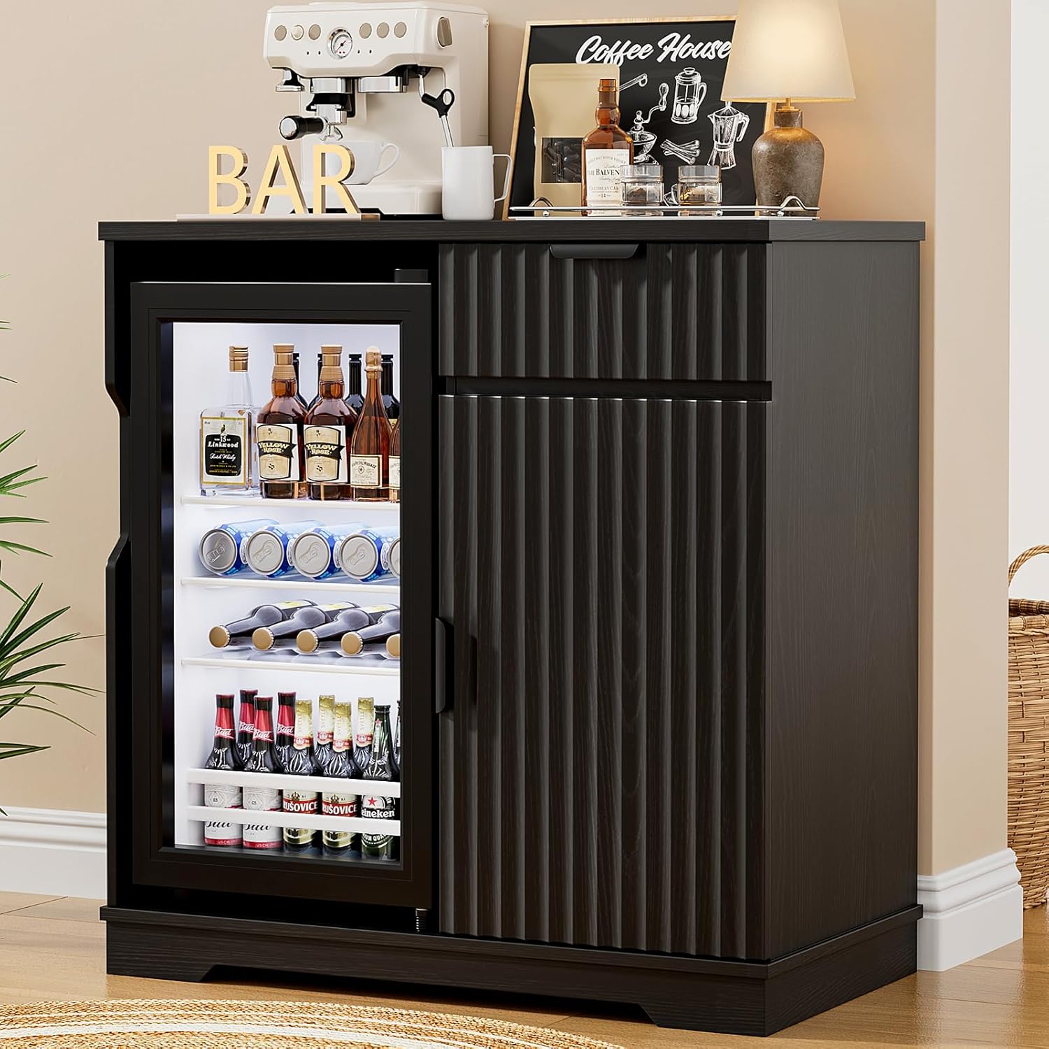Home Bar And Fridge - خزانة بار قهوة مخددة مع درج
